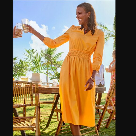 Talbots Smocked Waist Poplin Midi Dress Size 14 Marigold Yellow Vacation NEW - Picture 13 of 13